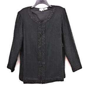 VTG Stenay Blouse Top Womens Size XL Black Long Sleeve Beaded Sequin Handmade